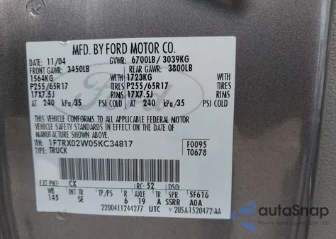 2005 Ford F-150 Stx/Xlt z USA, uszkodzony, nr VIN 1FTRX02W05KC34817